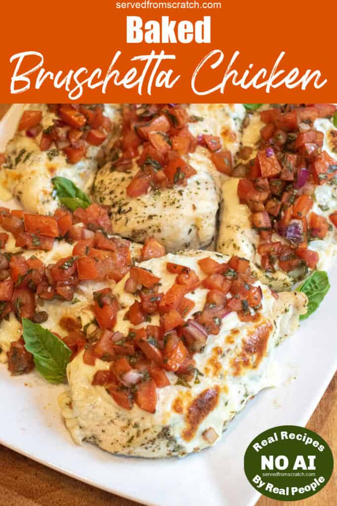 a picture of a baked chicken breasts topped with melted cheese and bruschetta on a plate with Pinterest pin text and NO AI sticker.