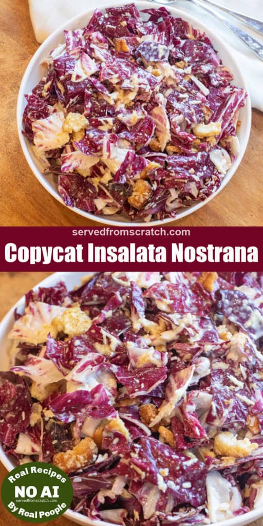 an overhead of a bowl of radicchio caesar with Pinterest pin text and a close up of that bowl with NO AI sticker.