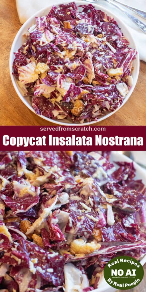 an overhead of a bowl of radicchio caesar with Pinterest pin text and a close up of that bowl with NO AI sticker.