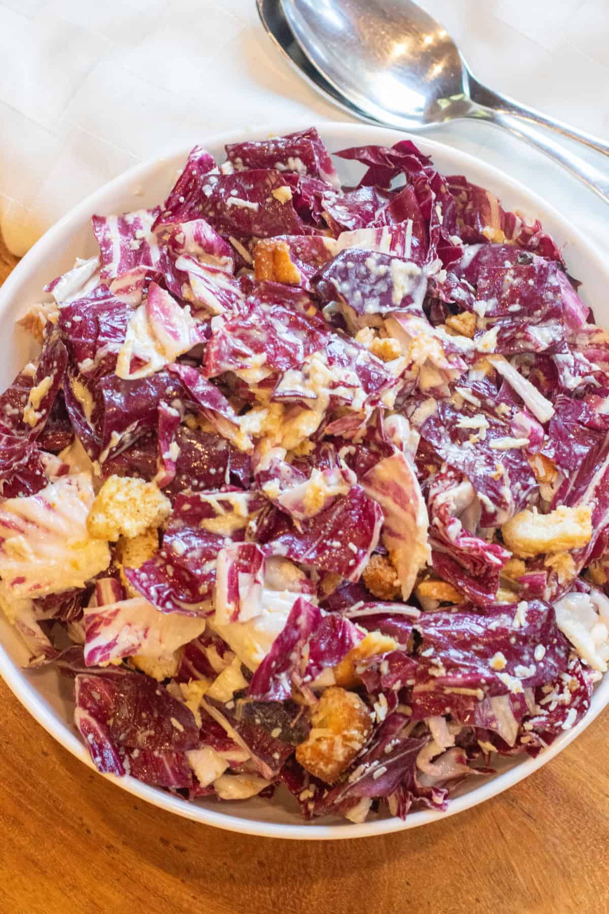 an overhead of a bowl of radicchio salad.