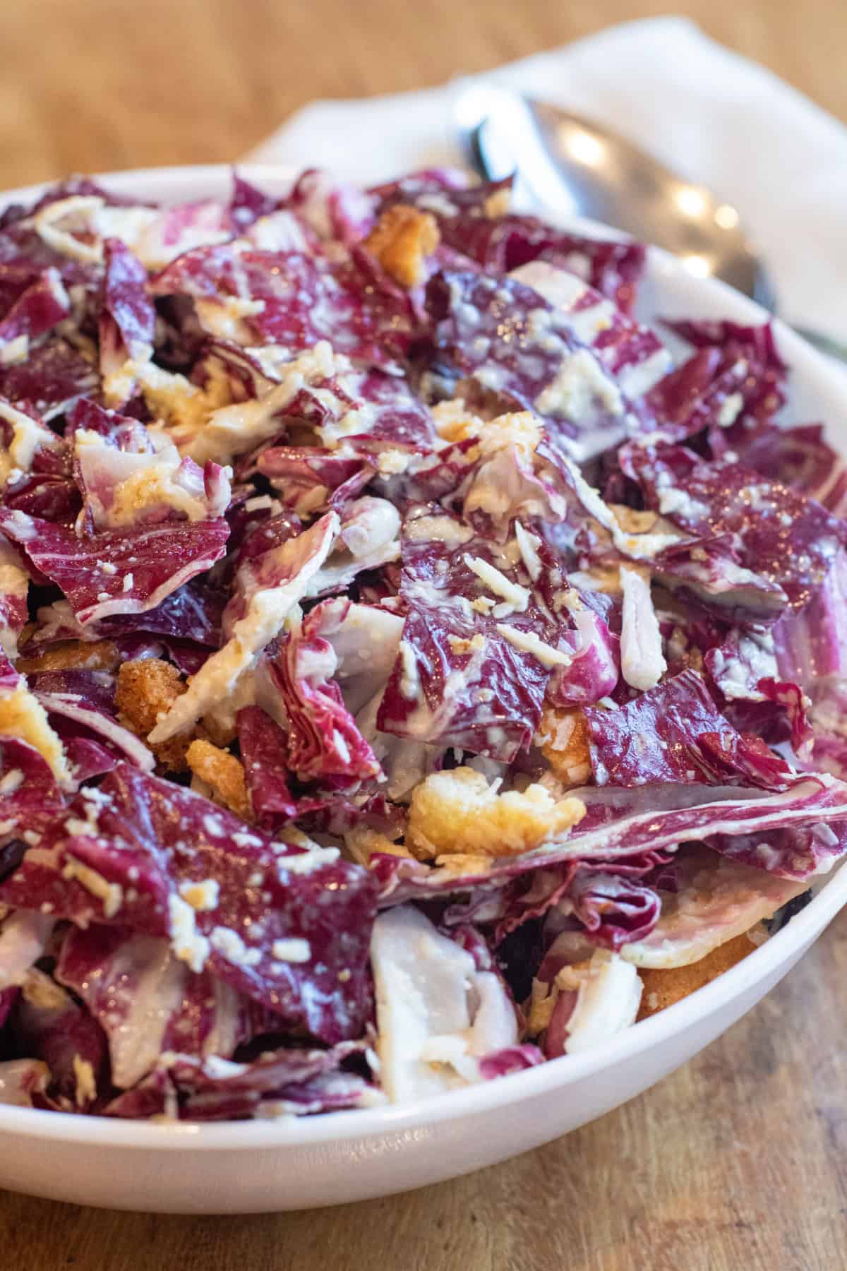 an overhead of a bowl of radicchio salad.