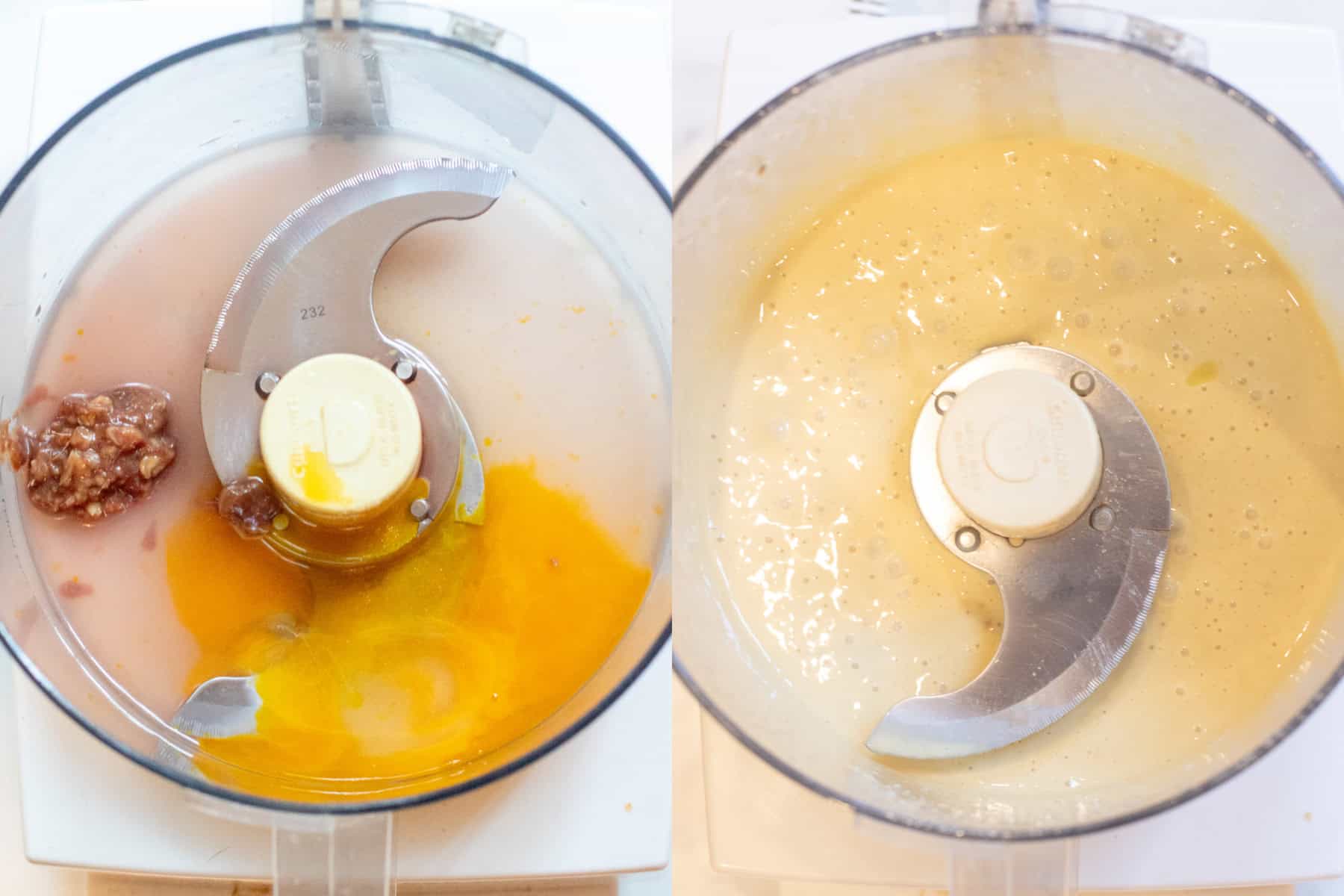 an overhead of two pictures of a food processor bowl. One with anchovies and garlic, egg yolk, and red wine vinegar and the other it all mixed into a creamy dressing.