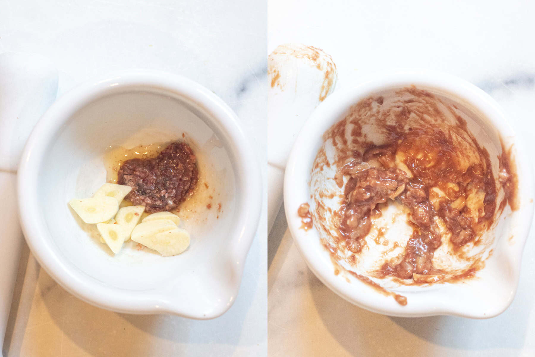 a mortar with garlic, anchovies, and salt and then it all crushed together.