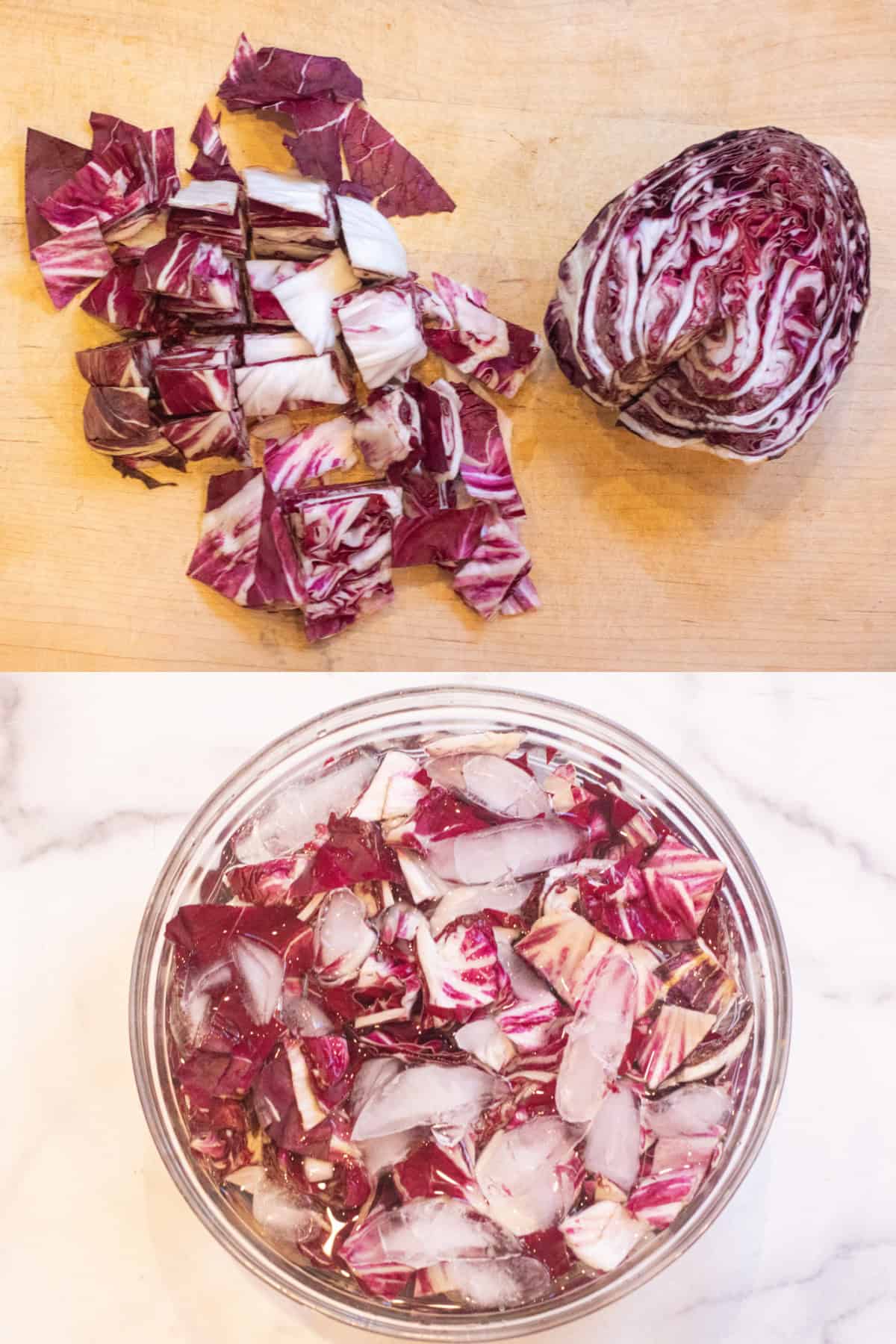a picture of a radicchio cored and chopped on a cutting board and then a bowl of it all with water and ice.