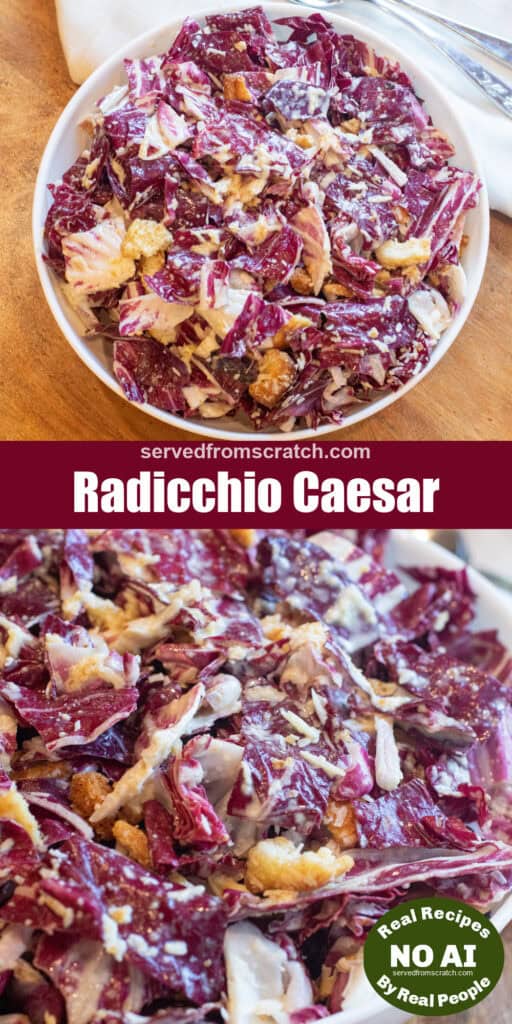 an overhead of a bowl of radicchio caesar with Pinterest pin text and a close up of that bowl with NO AI sticker.